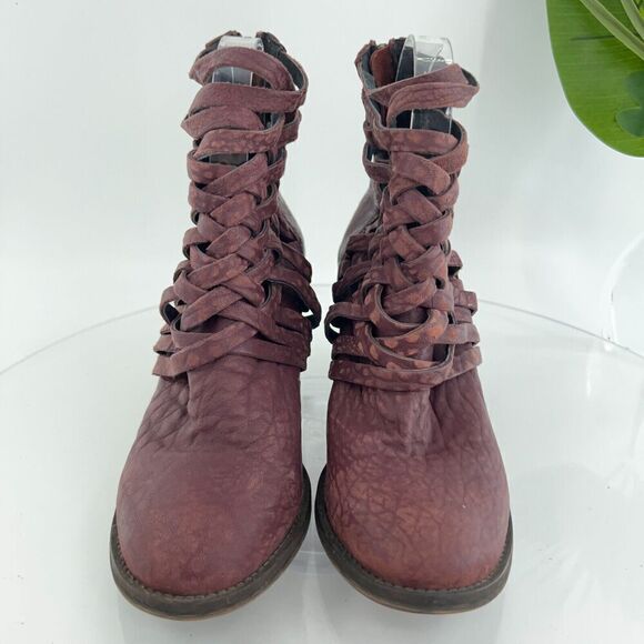 Free People Carrera Boots Women's 38 8 Red Leather Distressed Strappy Bootie - Picture 4 of 15